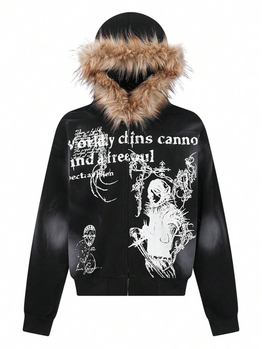 Retro Distressed Woolen Cap Design Hooded Sweatshirt For Both Men And Women, Featuring A Street Hip-Hop Dark Style With A Hood And Zipper Opening