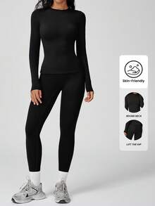 Yefecy Women's Basic Crop Top & Leggings Set Breathable Cotton Linen Blend High Waist Loose Fit Gym Casual Essentials - Black - View 1