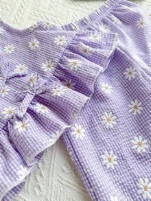 2pcs Girls Daisy Print Blue Plaid Top And Pants Set, Summer