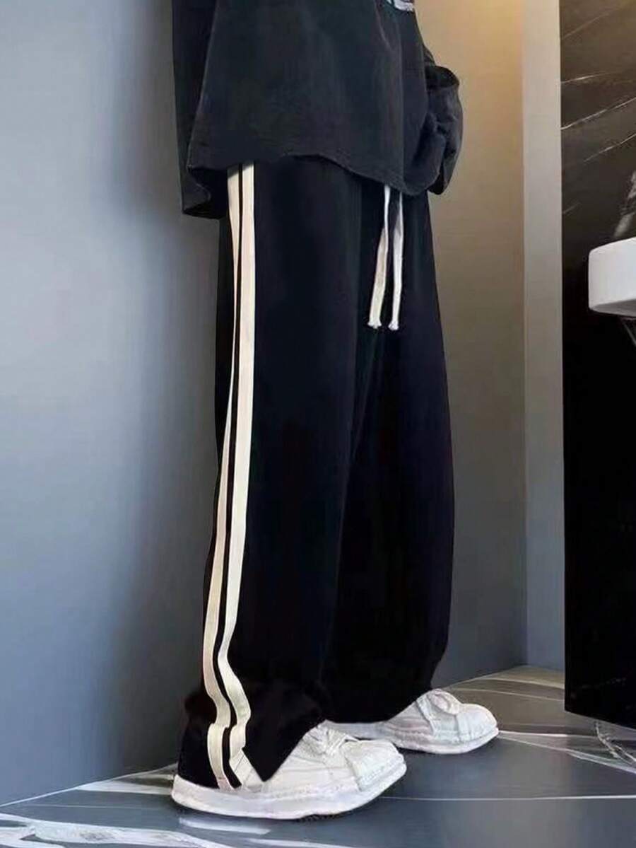 Casual Loose Wide Leg Pants, Side Stripe Design Relaxed Trousers