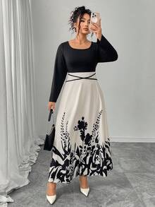 Plus Size Women Square Neckline Water-Print Design Midi Dress - Multicolor - View 1