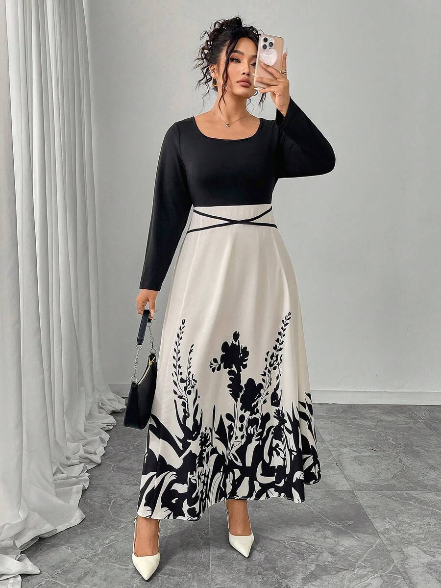 Plus Size Women Square Neckline Water-Print Design Midi Dress - Multicolor - View 1