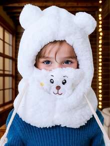 1 件装婴儿卡通熊耳朵小羊帽带口罩保暖拉法帽婴儿加厚护耳帽 2-9 岁 - 彩色 - 查看 3