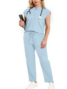 cimmuovere Stand Collar Sleeveless Loose Top And Practical Multi-Pocket Pants Uniform Set