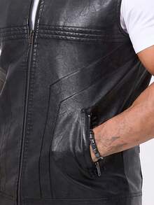 Chaleco de cuero de motocicleta para hombre, estilo deportivo sin mangas, color negro, para primavera/verano, con forro polar - Negro - Ver 9