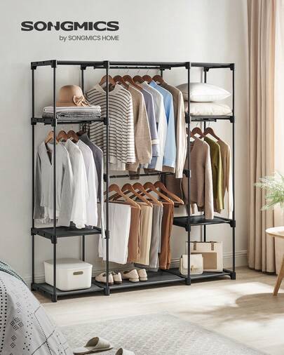  SONGMICS Clothes Wardrobe, Clothes Rack, Portable Closet, 43 X 151 X 166 Cm, 4 Hanging Sections, With Compartments, Large Capacity, For Bedroom, Living Room, Laundry Room, Black