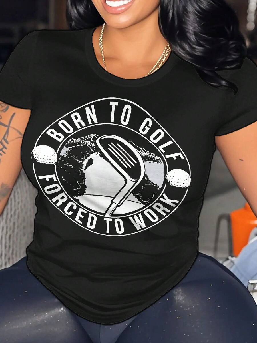 Plus Size Elegant Casual T-Shirt, Women's Funny Mens Golfing Round Neck Tee Short Sleeve Top For Spring & Summer Vacation Clothing Gifts For Women