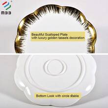 MBB 1 szt. ceramiczny talerz obiadowy z falowanym brzegiem i złotym rantem, piękny okrągły talerz do serwowania 8,5" 10,5" 12" 14" na pyszne steki, makarony lub inne dania, prezent na parapetówkę lub ślub, ceramiczne okrągłe talerze do kuchni lub restauracji, nowoczesny zestaw talerzy sałatkowych - do mikrofalówki, piekarnika i zmywarki, odporny na zarysowania, białe złoto