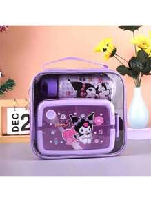 Sanrio Hello Kitty & Friends 三件套保温午餐套装，包括便当盒、手提袋和水壶，紫色，随机印花，适合上学、上班、露营和野餐。
