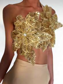 Women's 3D Flower Gorgeous Sequin Decor One Shoulder Sleeveless Bandeau Top Slim Fit Going Out Party Camisole - 金色 - 查看 4