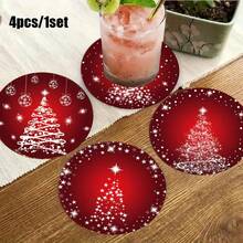 4/8pcs Christmas Square & Round Acrylic Coasters, Red Christmas Tree & Star Design, Non-Slip Heat-Resistant Drink Coasters For Home Decor, Holiday Gifts - Multicolor - View 2