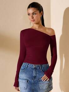 Women's Minimalist Asymmetric Shoulder Long Sleeve Fitted T-Shirt Top, Everyday Wear, Fall/Winter - 酒紅色 - 查看 1