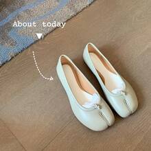 Sheepskin Version~ Genuine Leather Pig's Hoof Shoes Split Toe Shoes Women's Horse Hoof Flat Bottom Loafers Slip-On Shallow Mouth Ballet Flats Elegant Women's Shoes - 黑色 - 查看 2