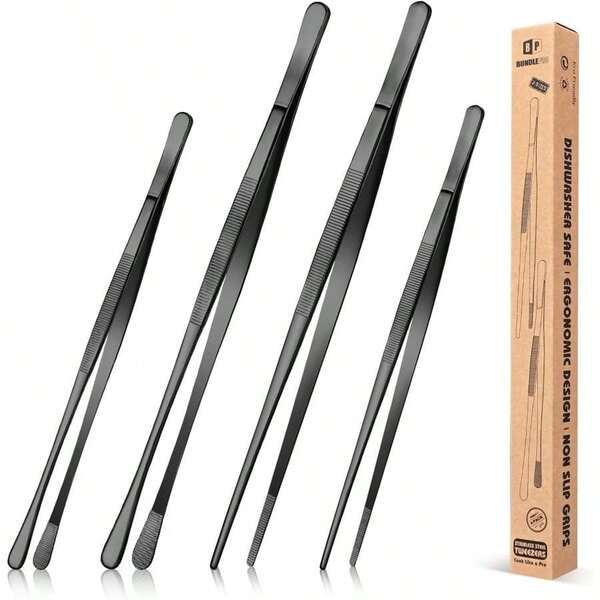4 Pcs Kitchen Fine Tweezer Tongs, 12'' And 10'' Stainless Steel Food Tweezers Set, Professional Kitchen Long Tweezer For Cooking, Repairing, Sea Food And BBQ (BLACK)