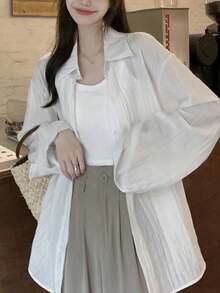 宽松褶皱领时尚百搭通勤女式雪纺衬衫 - 白色 - 查看 4