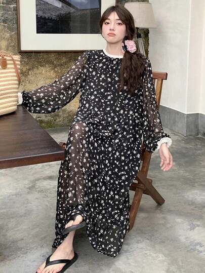 女式拼色碎花圆领宽松休闲中长连衣裙，春夏