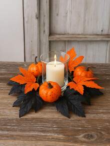 1Pc Halloween Thanksgiving Pumpkin Candle Ring Centerpiece With Autumn Maple Leaves Pinecones Berries Fall Harvest Table Decor Spooky Candle Holder Wreath For Holiday Party Tiered Tray Dining Room Fireplace Mantel Decoration Fall Decor - Multicolor - View 4