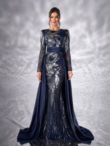 YISIKADO 花卉亮片图案奢华女士正式晚礼服舞会长袖端庄圆领撞色缎面婚礼宾客生日舞会派对宴会毕业晚宴仪式礼服 - 彩色 - 查看 4