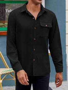 Mens Corduroy Button Down Jacket Casual Long Sleeve Shirts Ribbed Lightweight Shacket Jacket With Flap Pockethalloween - Black - View 3