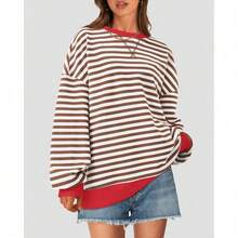 Womens Oversized Striped Sweatshirt Crewneck Long Sleeve Pullover Top Casual Y2K Spring Clothes 2026 Workout Shirt,Vacation Outfits Women,Valentine Outfits For Women,Street Photography - 棕色白色 - 查看 3