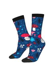 Cute Mushrooms, Flowers, Butterflies And Snails Socks Women Men, Calf Knee High Socks For Athletic Running Cycling - 黑色 - 查看 1