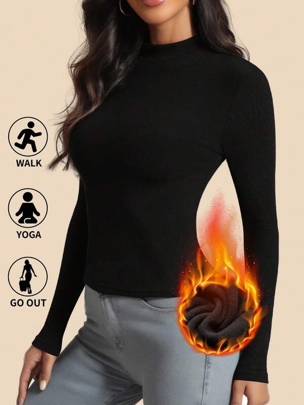 1pc Autumn/Winter Thermal Lined Mock Neck Long Sleeve Top, Solid Color Casual Slim Fit Versatile Undershirt, Suitable For Outerwear, Sports, Yoga