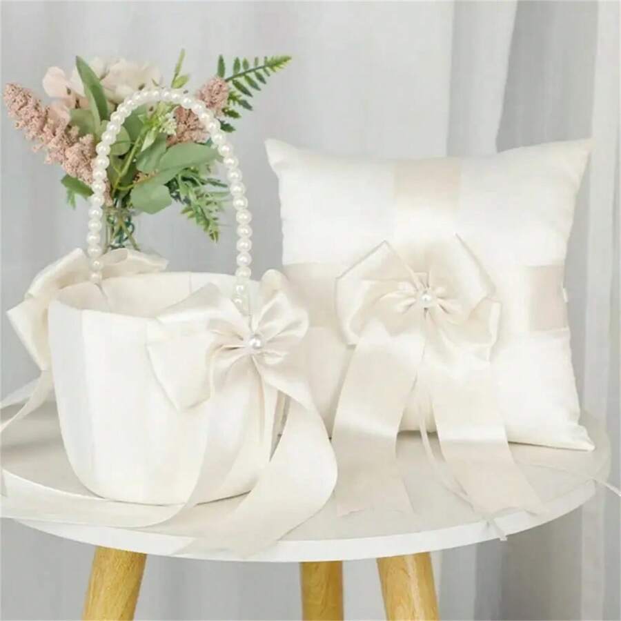 Bộ 1 giỏ hoa và gối đựng nhẫn cho bé gái cầm hoa, giỏ satin màu ngà có nơ, thích hợp cho đám cưới kiểu phương Tây, giỏ hoa để cô dâu và phù dâu tung hoa, trang trí tiệc cưới, tiệc mừng em bé.