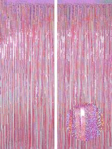 3pcs-Silver Foil Tassel Curtains Paired With A Pink, Shiny Metal Wire Background, Suitable ForDecorating Birthdays, Weddings, Parties, Disco Parties Themed Around The 70s, 80s And 90s, Bachelors' Parties And Rainbow Parties - Pink - View 1