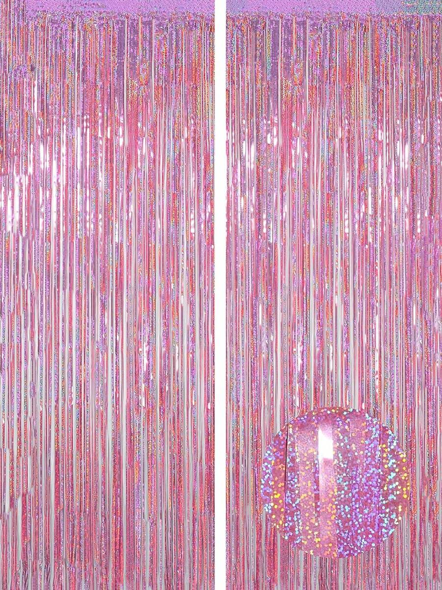 3pcs-Silver Foil Tassel Curtains Paired With A Pink, Shiny Metal Wire Background, Suitable ForDecorating Birthdays, Weddings, Parties, Disco Parties Themed Around The 70s, 80s And 90s, Bachelors' Parties And Rainbow Parties - Pink - View 1