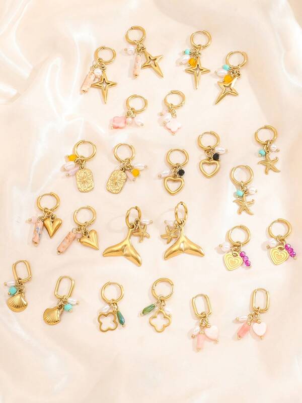 1 Pair Fashion Women's Earrings, Vacation Style Four-Leaf Clover, Shell, Fish Tail, Pearl, Heart, Starfish Pendant Earrings, Suitable For Vacation, Daily Wear, Party