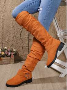 Women's All-Match Straight Tube High Boots With Thick Heels, Wide Leg And Glue-On Design. The Euorpean And American Style Solid Colored Boots Are Decorated With Wrinkled Retro Pointed-Toe Fashionable Boots - Orange - View 5