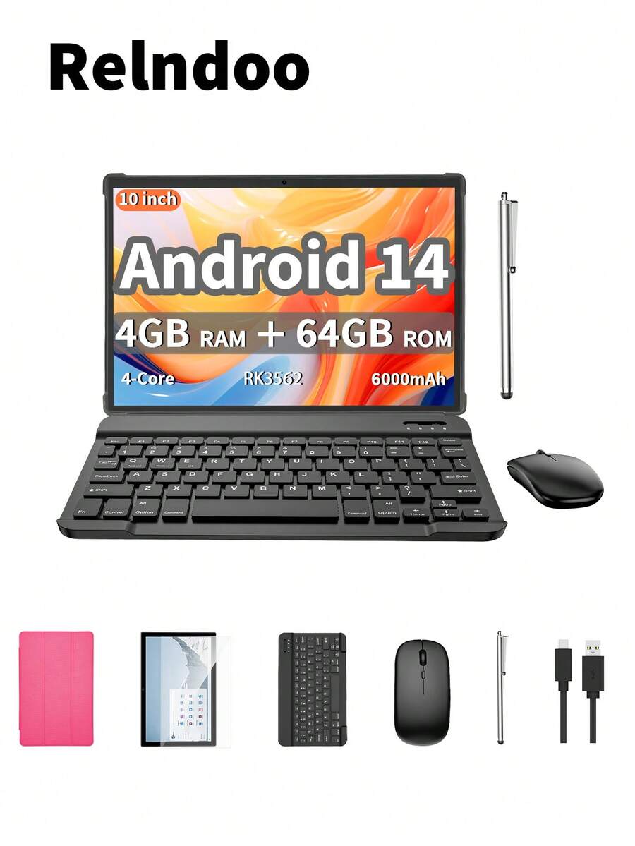 Relndoo Android Tablet 2-In-1 With Keyboard And Mouse, 2025 TopS Android 14 10 Inch Tablet, 8 (4+4)GB RAM+64GB ROM, 1280*800px HD Touchscreen, 2MP+8MP Dual Camera, RK3562 Quad-Core 2.0 GHz, Tablet PC With Case, Mouse, Stylus, Keyboard, 6000mAh Battery, Supports 1TB SD Expansion, 802.11n Wifi 2.4G/5GWireless, GPS, Certified Tablets-Pink - Pink - View 1