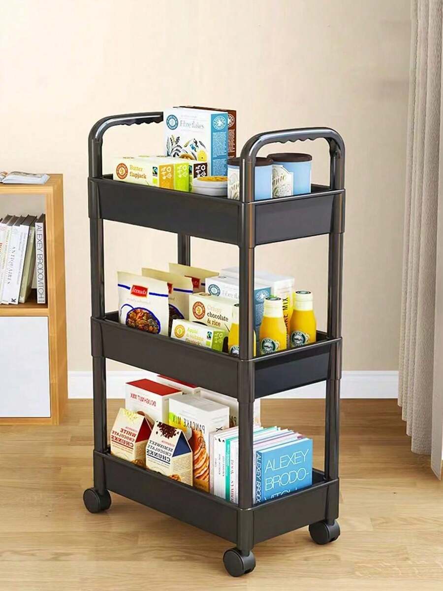 1 Stück Kunststoff 3-stöckiger Nutzwagen, rollbarer Organisationswagen mit Griff und Rädern, multifunktionale Aufbewahrungsregale für Küche, Wohnzimmer, Büro