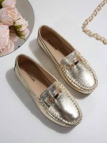 Women's Plus Size Wide Fit Flat Shoes, Brown Color With Butterfly Decor, Handmade Stitching, Casual Slip-On Loafers For Spring Autumn Travel, Sporty Style - Gold - View 6