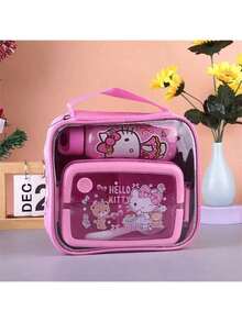 Sanrio Hello Kitty & Friends 三件套保温午餐套装，包括便当盒、手提袋和水壶，紫色，随机印花，适合上学、上班、露营和野餐。