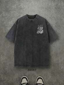Retro Washed T-Shirt Double Sided Printed (230 Pure Cotton T-Shirt) 'YHWH KING OF KINGS'  Letter And Crown Pattern Print, Men's T-Shirt, Men's Casual, Comfortable, Fashionable T-Shirt, Street Style Cotton - 黑色 - 查看 3