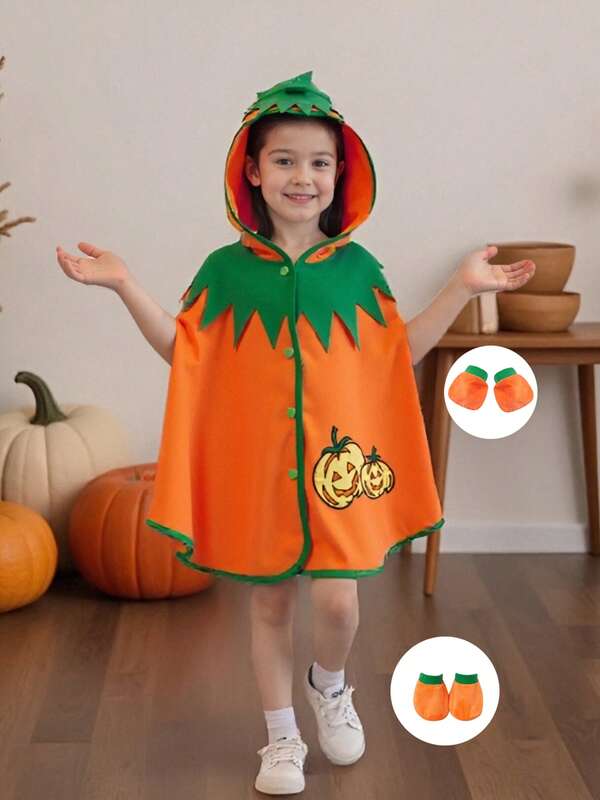 Toddler Halloween Costume Fleece Hooded Pumpkin Cape Gloves And Foot Covers Set For Halloween Party Stage