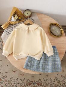 两件套女童时尚可爱圆领蝴蝶印花长袖卫衣和半身裙，柔软针织面料，充满节日气息，优雅休闲半身裙适合上学、聚会、派对、郊游，春夏秋季皆宜。 - 杏色 - 查看 3