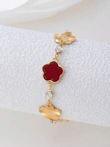 1件装奢华优雅金色纹理红色幸运四叶草女士手链 - 紅色 - 查看 4
