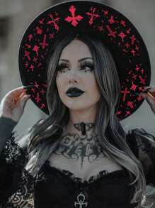 BREITER 1 件女式 Y2K 复古哥特式女巫帽,黑色印花涤纶毡帽,带有精致五角星和蕾丝花边,适合万圣节、圣诞节、化妆舞会、节日礼物 - 平簷禮帽 - 查看 16