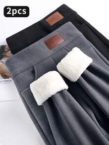 2-Pack Solid Plus Fleece Thermal Pants, Comfortable And Close-Fitting, Warm, Winter Casual Leggings. - 2 chiếc đen + xám - Xem 1