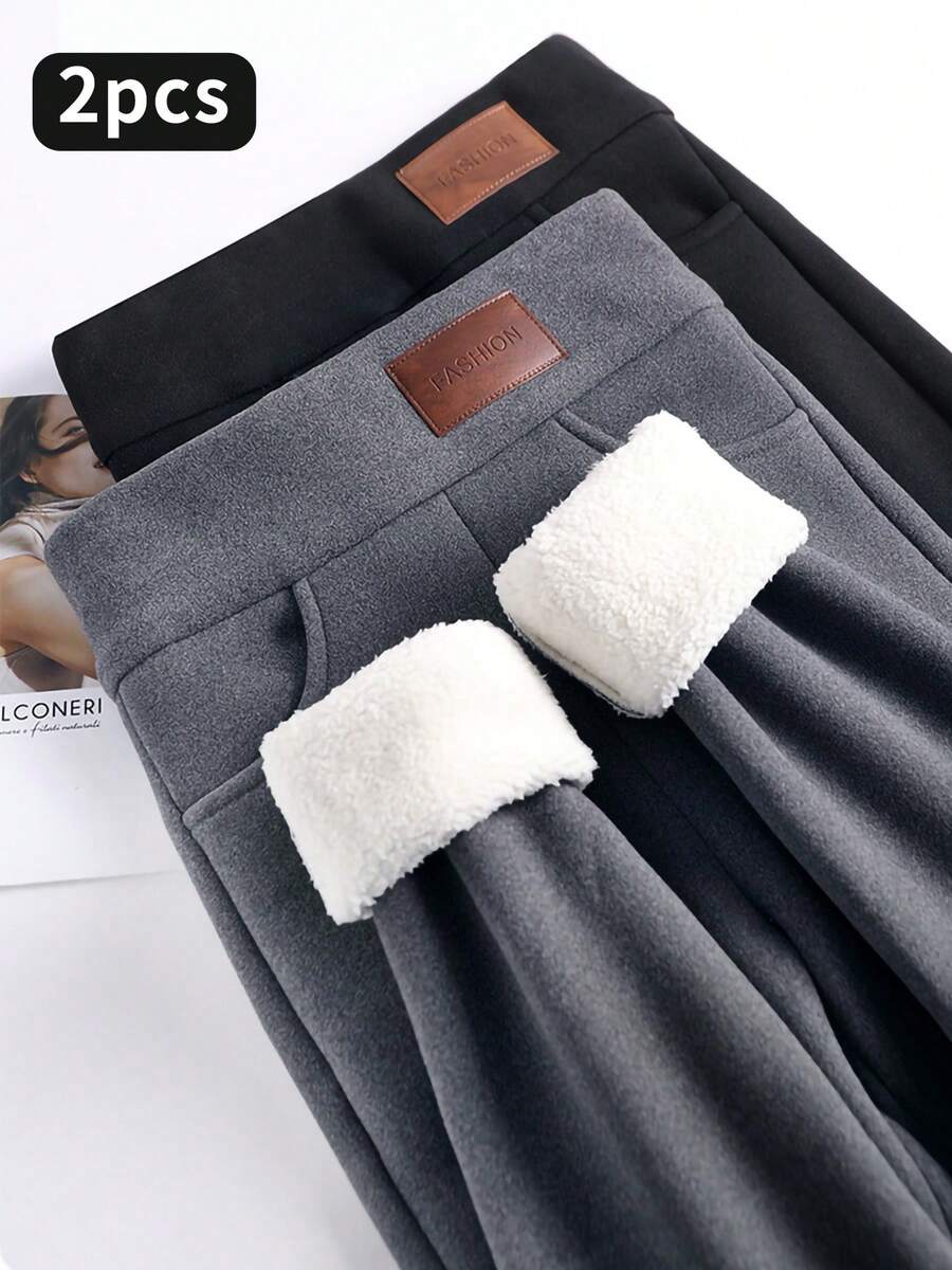 2-Pack Solid Plus Fleece Thermal Pants, Comfortable And Close-Fitting, Warm, Winter Casual Leggings. - 2 chiếc đen + xám - Xem 1