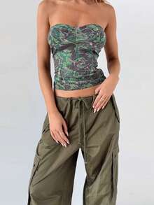 Pure Desire Corset Top | Strapless Bustier W/ Floral Print & Stretch Waist - màu xanh lá - Xem 2
