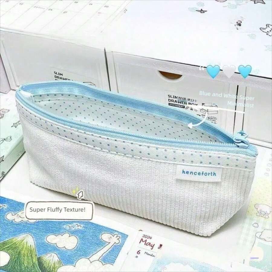 可爱灯芯绒笔袋创意波点内衬便携式收纳袋多功能文具收纳袋学生用品 - 彩色 - 查看 1