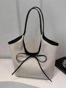 Portable Women's Bow Handbag, Suitable For University, Business, Work, Commuting, High School, Office, Elementary School, Middle School, High School, Workplace, Sports Venue, Workout, Large Capacity Shoulder Bag - Beige - View 11