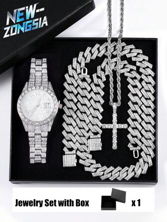 5 Pcs Hip Hop Gift Watch+Cross Pendant Necklace+Bracelet Creative Iced Out Miami Cuban Link Chain Jewelry Set For Men And Women