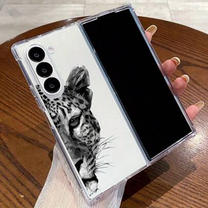 Creative Leopard Head Design Foldable Phone Protective Case Compatible With Galaxy Z Fold 6Galaxy Z Fold 5Galaxy Z Fold 4Galaxy Z Fold 3 Series
