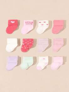 6 Pairs Baby Girls' Random Solid Color & Heart Pattern Cuff Mid-Calf Socks, Casual Daily Wear, Autumn/Winter