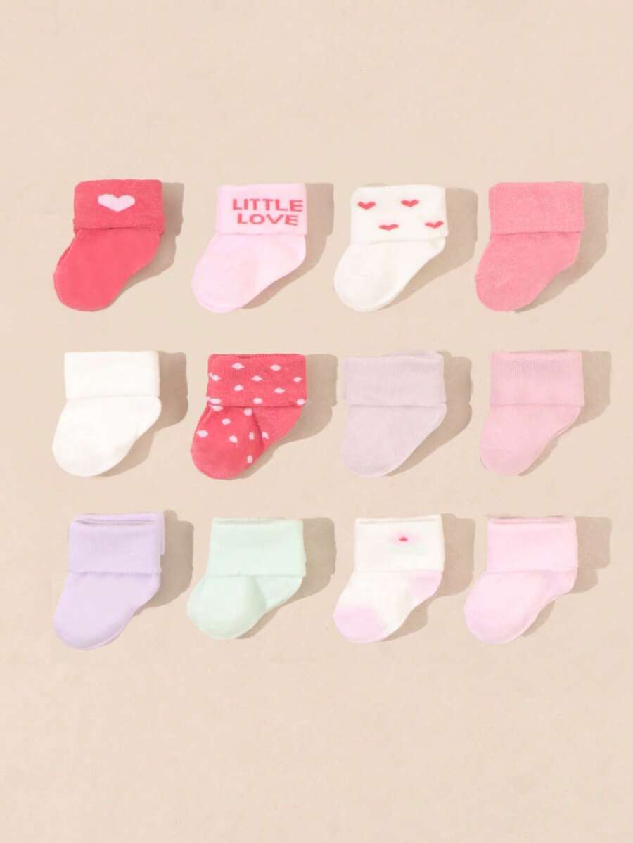 6 Pairs Baby Girls' Random Solid Color & Heart Pattern Cuff Mid-Calf Socks, Casual Daily Wear, Autumn/Winter