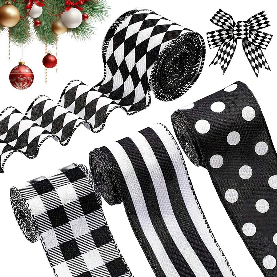 1pc 6cm*5m Black & White Plaid Decorative Ribbon, Black & White, Red & White Striped DIY Gift Box Packaging Trim With Iron Wire, Christmas Tree Decor Accessory, Home Decor - Multicolor - View 1
